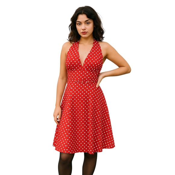 SAWY BY DAANG GOODMAN x TRIPP NYC x VINTAGE Red polka dot swing halter dress L - Picture 1 of 12